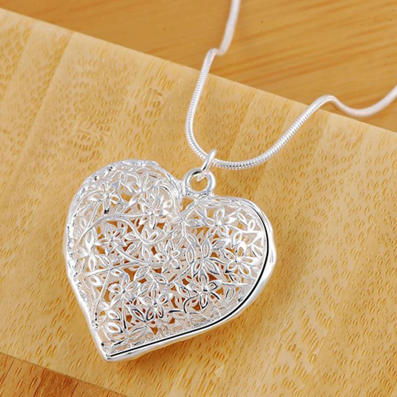 925 Sterling Silver 18-30 Inch Carved Heart Pendant Snake Chain Necklace