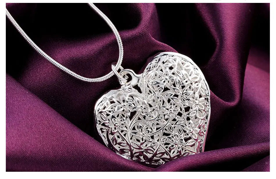 925 Sterling Silver 18-30 Inch Carved Heart Pendant Snake Chain Necklace
