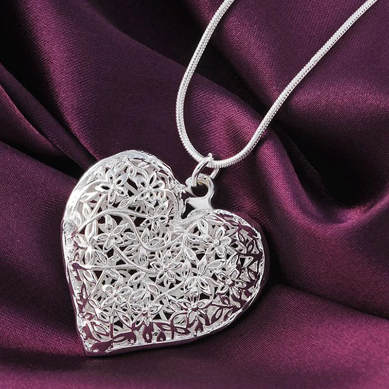 925 Sterling Silver 18-30 Inch Carved Heart Pendant Snake Chain Necklace